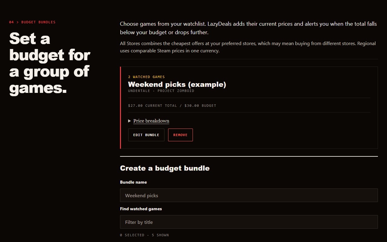 LazyDeals budget-bundle editor with selected watched games and a total budget