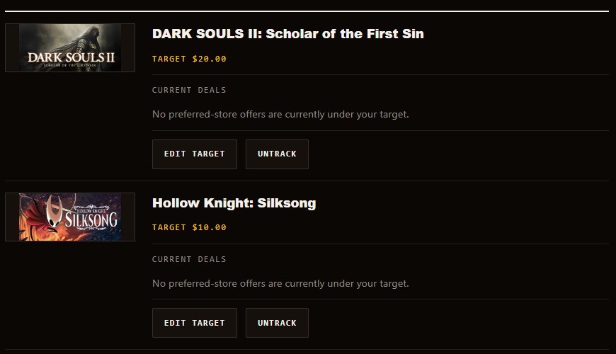LazyDeals watchlist showing sample targets for DARK SOULS II: Scholar of the First Sin and Hollow Knight: Silksong